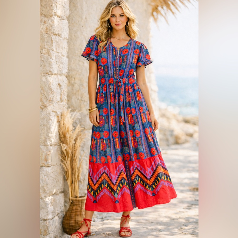Britton Court Floral Boho Midi Dress Size Medium Colorful Print